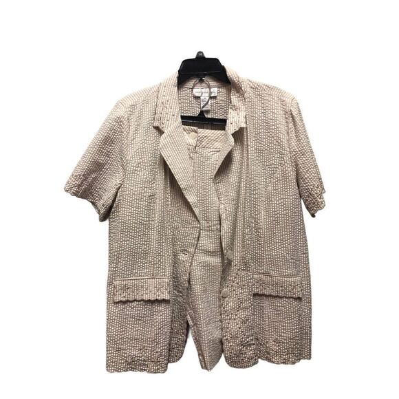 Susan Graver Women’s Jacket Shorts Set Taupe Tan Seersucker Eyelet Embroidered T - Picture 1 of 14